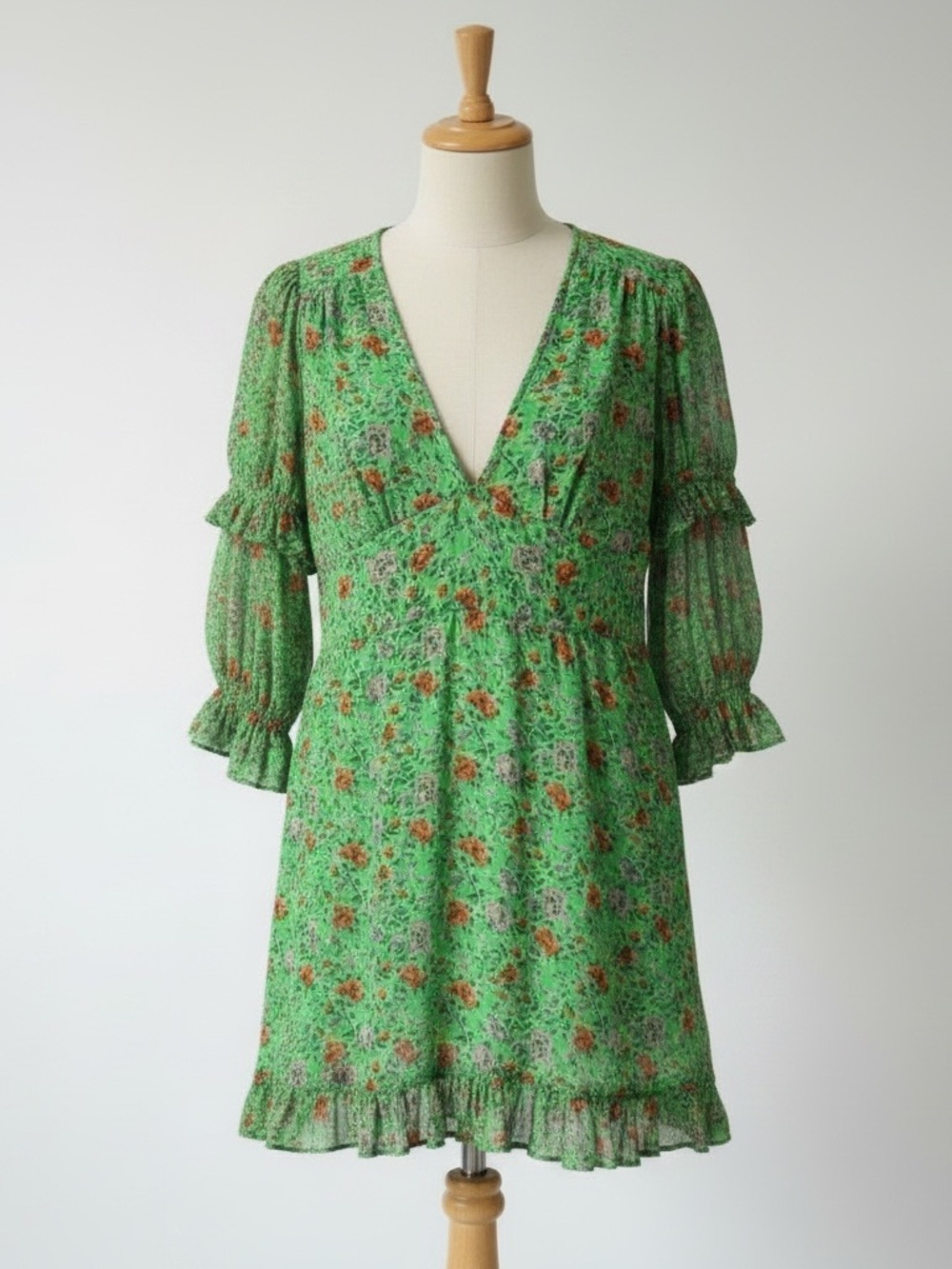 BANJANAN Green Floral Mini Dress Cotton Bishop Sleeves Boho Bohemian Fairy Small